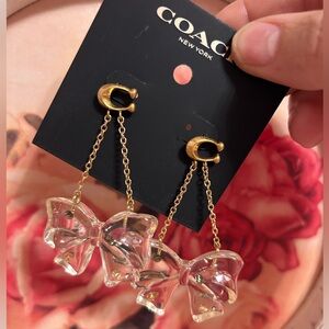 Coach Bow Crystal Dangle Earrings Gold Clear Drop Fashion Jewelry
